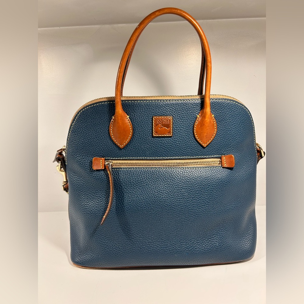 Dooney & Bourke Pebble Grain Leather Satchel Navy Blue Tan Trim Crossbody Purse